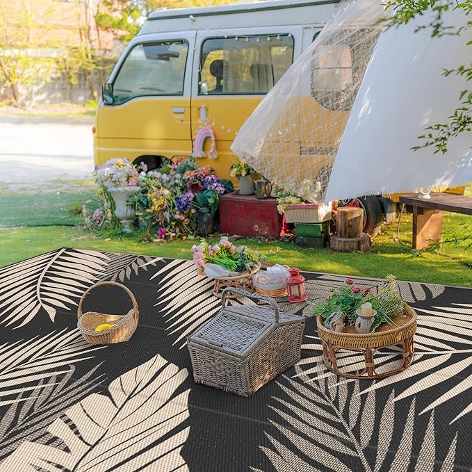 GENIMO Outdoor Rug 10' x 14' Waterproof for Patios Clearance, Reversible Outdoor Plastic Straw Camping Rug Carpet, Large Area Rugs Mats for RV, Camper, Deck, Balcony, Porch, Beach, Picnic, Black&Beige-HomvellaHome