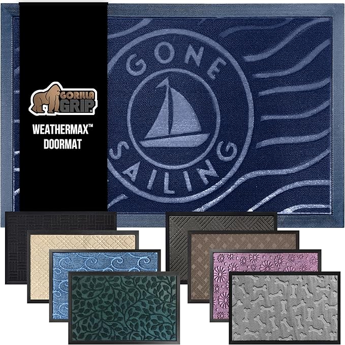 GORILLA GRIP 100% Waterproof All-Season WeatherMax Doormat US Designed Natural Rubber, Stain and Fade Resistant, Low Profile Indoor Outdoor Door Mats, Easy Clean Patio Mat, 17x29, Blue Sailing-HomvellaHome