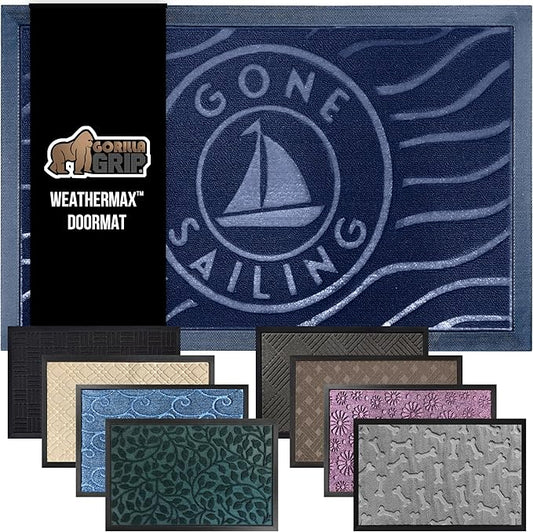 GORILLA GRIP 100% Waterproof All-Season WeatherMax Doormat 35x23, US Designed Natural Rubber, Stain and Fade Resistant, Low Profile Indoor Outdoor Door Mats, Easy Clean Patio Mat, Blue Sailing-HomvellaHome