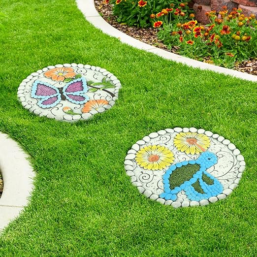 Garden Stepping Stones Set of 2 Butterfly Outdoor Garden Decor 10 inch Round Decorative Stones Pavers for Garden Walkway Landscaping, Hummingbird Gifts (N6-YYD334)-HomvellaHome