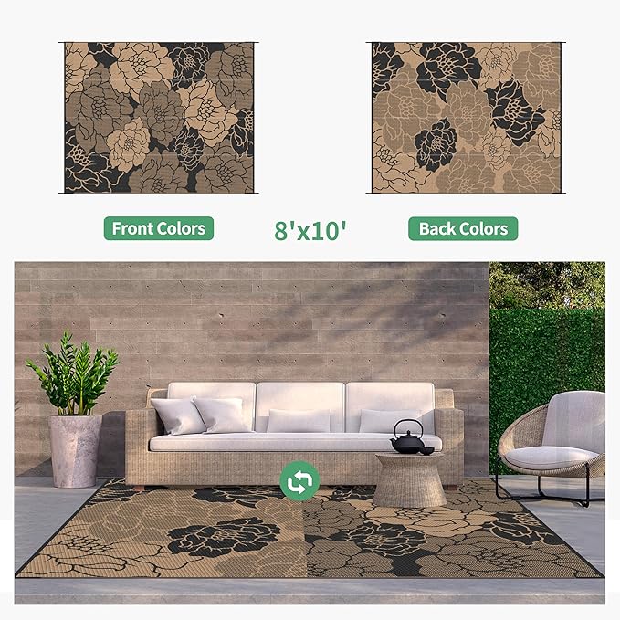 GENIMO Outdoor Rug Waterproof for Patio Decor, 8' x 10' Reversible Plastic Straw Floral Camping Carpet, Large Area Rugs Mats for RV, Camper, Deck, Balcony, Porch, Beach, Picnic, Mix-Black & Brown-HomvellaHome
