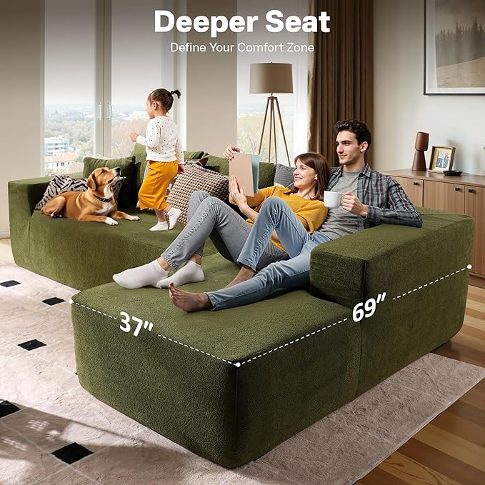 104" Cloud Sectional Couches for Living Room,L Shaped Boneless Couch in A Box,Sleeper Sofa with Comfy Chaise No Assembly Required,Green-HomvellaHome