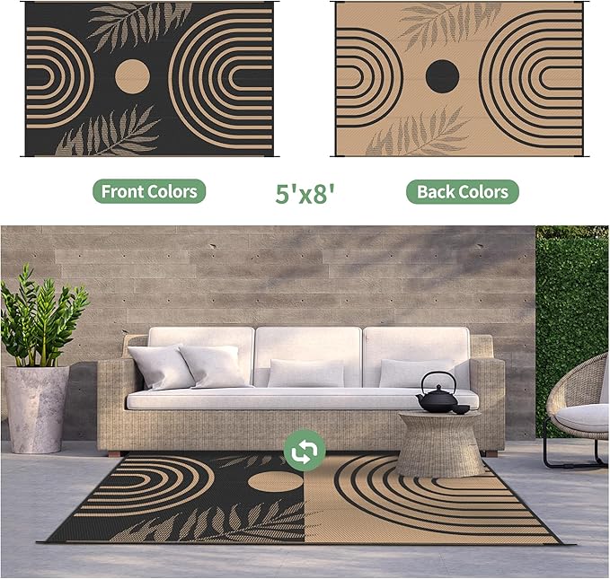 GENIMO Outdoor Rug 5' x 8' Waterproof for Patio Clearance, Reversible Plastic Straw Camping Carpet, Lightweight Rugs Mats for Rv, Backyard, Deck, Porch, Picnic, Balcony, Mix-Black & Brown-HomvellaHome