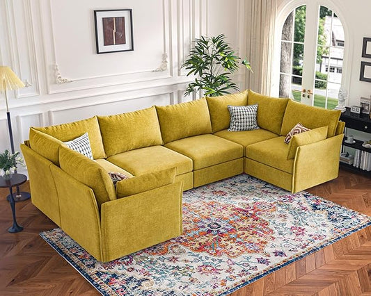 136.4" Oversized Modular Sectional Sofa, U Shaped Convertible Couch with Movable Ottoman, Large 7 Seat Corner Couches for Living Room Deep Seat Yellow Chenille-HomvellaHome