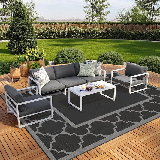 GENIMO 10 ' x 14 ' Outdoor Rug Waterproof for Patio Decor, Foldable Reversible Plastic Straw Area Rugs Mat for Camper, Outside Carpet for Rv, Deck, Porch, Picnic, Beach, Balcony, Black & Grey-HomvellaHome