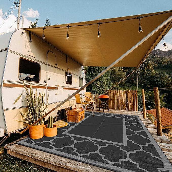 GENIMO 10 ' x 14 ' Outdoor Rug Waterproof for Patio Decor, Foldable Reversible Plastic Straw Area Rugs Mat for Camper, Outside Carpet for Rv, Deck, Porch, Picnic, Beach, Balcony, Black & Grey-HomvellaHome