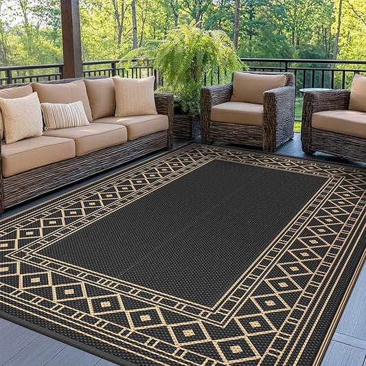 GENIMO Outdoor Rug Waterproof 6'x9' for Patio, Foldable Reversible Plastic Straw Carpet for Travel Trailers, Outside Area Mat for Rv, Deck, Picnic, Porch, Camper, Balcony, Beach, Black & Brown-HomvellaHome