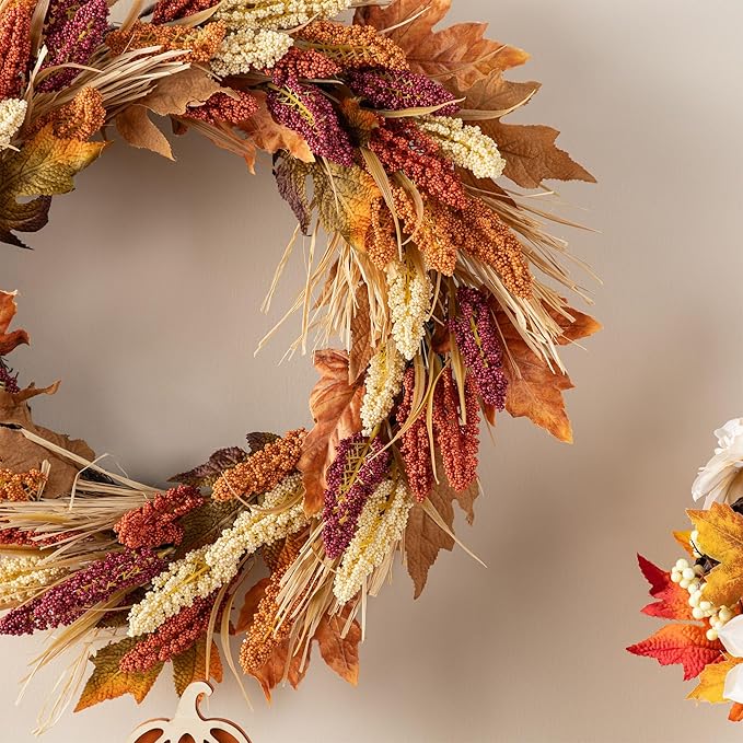 Glitzhome 24" D Fall Sorghum Wreath with Metal Hanger, Harvest Wreath for Front Door, Fall Door Wreaths for Indoor Outdoor Thanksgiving Harvest Holiday Decorations-HomvellaHome