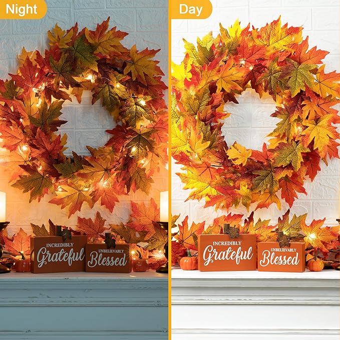 Glitzhome 24 Inch Pre-lit Fall Wreath, Autumn Wreath for Front Door, Lighted Maple Leaves Wreaths with Timer for Thanksgiving Halloween Christmas Wall Front Porch Home Decoration-HomvellaHome