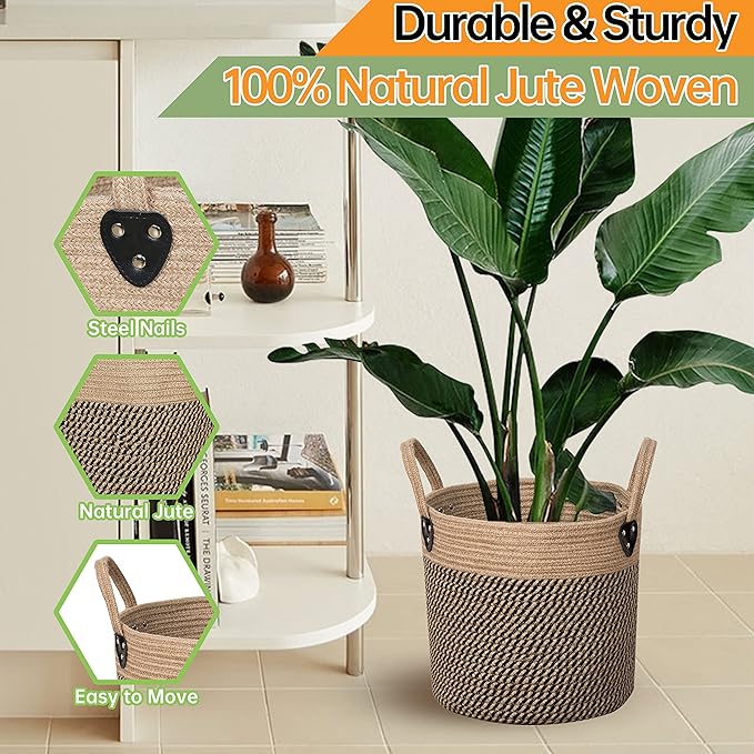14"x12" Natural Jute Rope Woven Storage Basket with Handles for Plant, Blankets,Toys,Clothes,Shoes - Living Room Home Decor,Multifunctional Basket for Organizer,Picnic,Artificial Tree-HomvellaHome