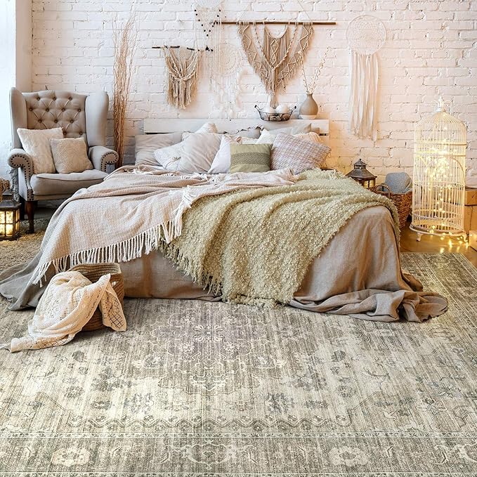 Washable Area Rugs for Living Room - 5x7 Neutral Vintage Distressed Floral Farmhouse Boho Large Soft Floor Rug Indoor Non Slip Carpet for Living Room Bedroom Dining Room Office - Brown/Tan-HomvellaHome