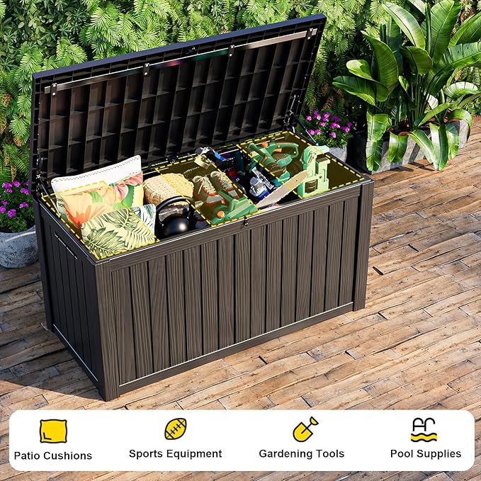 150 Gallon Outdoor Deck Box,Storage Lockable Waterproof Patio Furniture,Garden Tools,Cushions,Pool Accessories Outside Storage Resin Box(Black)-HomvellaHome