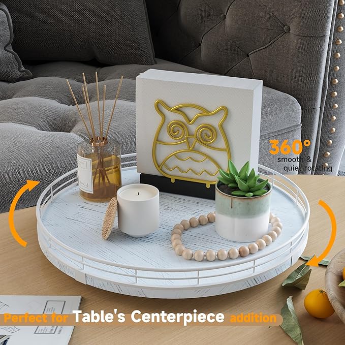 13" Oak Bathroom Vanity Tray Turntable for Perfume Candle, Round Wooden Decorative Tray for Kitchen Sink Countertop Organizer, Bathroom Counter Organizer for Skincare Makeup, Rustic White-HomvellaHome