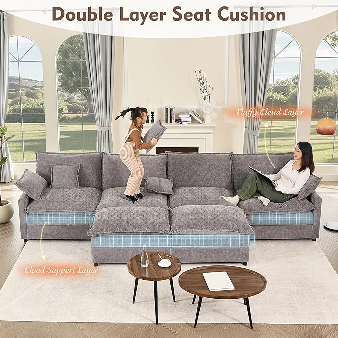142.5" U Shaped Couch, Modular Sectional Sofa, 3-Seater Comfy Cloud Couch with Movable Ottoman, Deep Seat Couches for Living Room, Chenille, Slate-HomvellaHome
