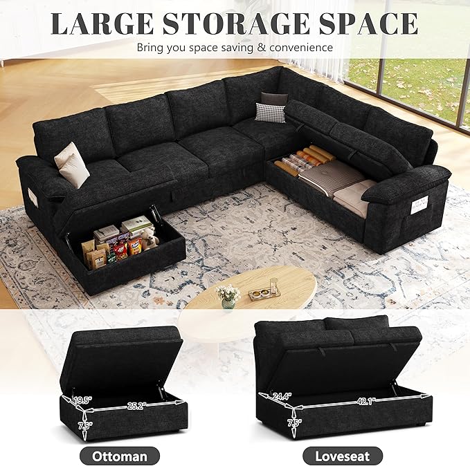 108 Inch Modular Sectional Sofa with Pull Out Bed,U Shaped 7 Seat Sectional Sleeper Sofa with Storage,Sectional Couches for Living Room,Cloud Modular Couch,Removable Sofa Cover,Black-HomvellaHome
