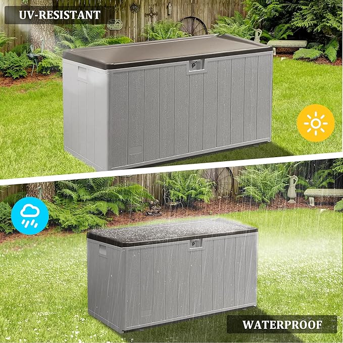 110 Gallon Pro Outdoor Storage Box Waterproof Lockable Deck Box Large, Patio Storage Bin for Pool Accessories Cushion Furniture, Garden Tools, UV-Resistant Outside Delivery, Grayish Brown-HomvellaHome