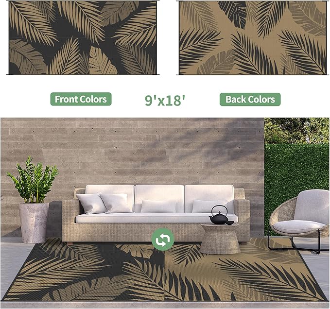 GENIMO Outdoor Rug 9' x 18' Waterproof for Patios Clearance, Reversible Outdoor Plastic Straw Camping Rug Carpet, Large Area Rugs Mats for RV, Camper, Deck, Balcony, Porch, Beach, Picnic, Black&Brown-HomvellaHome