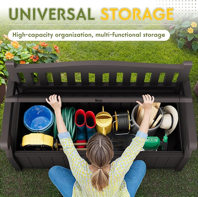 Greesum 80 Gallon Storage Bench Outdoor Deck Box with Armrest, Patio Furniture,Lockable, Waterproof and UV Resistant, Suitable for Garden, Pool, Brown-HomvellaHome