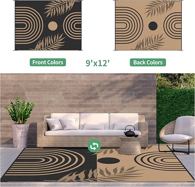 GENIMO Outdoor Rug 9' x 12' Waterproof for Patio Clearance, Reversible Lightweight Plastic Straw Camping Carpet, Large Area Rugs Mats for Rv, Backyard, Deck, Porch, Picnic, Balcony, Mix-Black & Brown-HomvellaHome