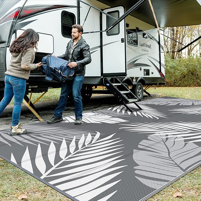 GENIMO Outdoor Rug 10' x 20' Waterproof for Patios Clearance, Reversible Outdoor Plastic Straw Camping Rug Carpet, Large Area Rugs Mats for RV, Camper, Deck, Balcony, Porch, Beach, Picnic, Grey&White-HomvellaHome