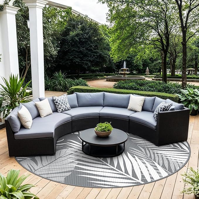 GENIMO Outdoor Rug 10' Round Waterproof for Patios Clearance, Reversible Outdoor Plastic Straw Camping Rug Carpet, Large Area Rugs Mats for RV, Camper, Deck, Balcony, Porch, Beach, Picnic, Grey&White-HomvellaHome