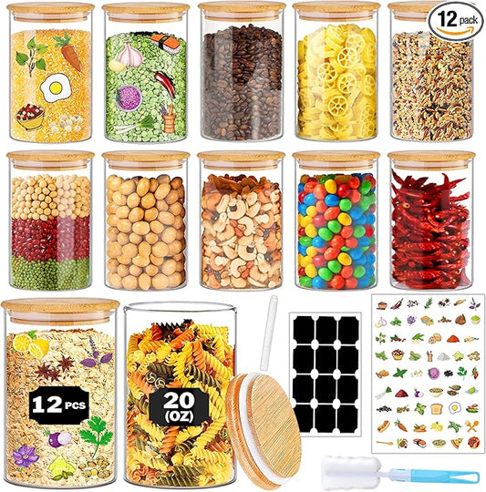 Glass Jars with Bamboo Lids 20 oz, 12 Pcs Stackable Kitchen Glass Pantry Storage Containers with Airtight Bamboo Lids for Rice, Candy, Sugar, Flour, Nuts, Cookie, Bean-HomvellaHome