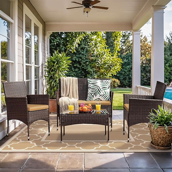 GENIMO 5' x 8' Outdoor Rug Waterproof for Patio Decor, Foldable Reversible Plastic Straw Area Rugs Mat for Camper, Outside Carpet for Rv, Deck, Porch, Picnic, Beach, Balcony, Brown & Beige-HomvellaHome