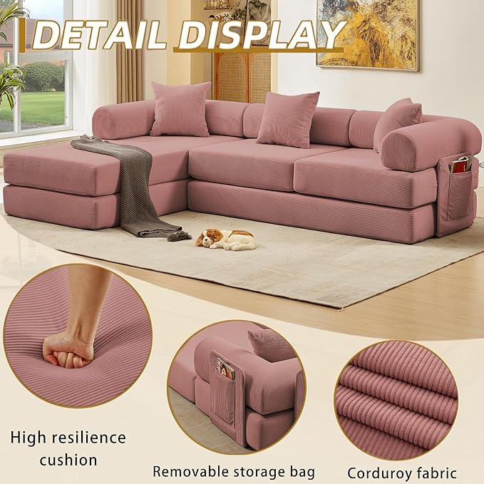 107" Oversized Convertible Sleeper Sofa Bed, Corduroy L Shape Sectional Couch, Folding Sofa Bed with Side Pocket, Modern Cloud Floor Mattress Couch, Modular Sofa for Living Room, Pink-HomvellaHome