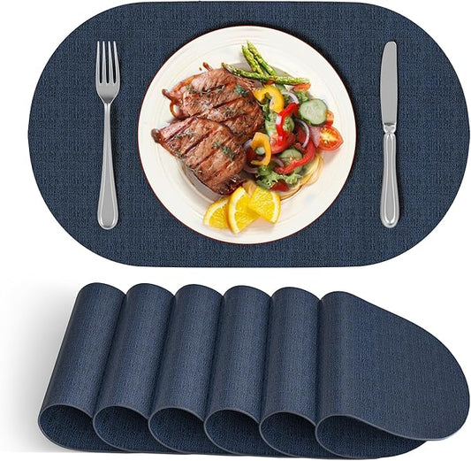 DOLOPL Large Placemats Set of 6, Oval Reversible Wipeable & Non-Slip Place Mats, Modern Faux Leather Table Mats for Kitchen, Neutral Tablemats for Dining Table Decor, Wedding, Party(Navy Blue)