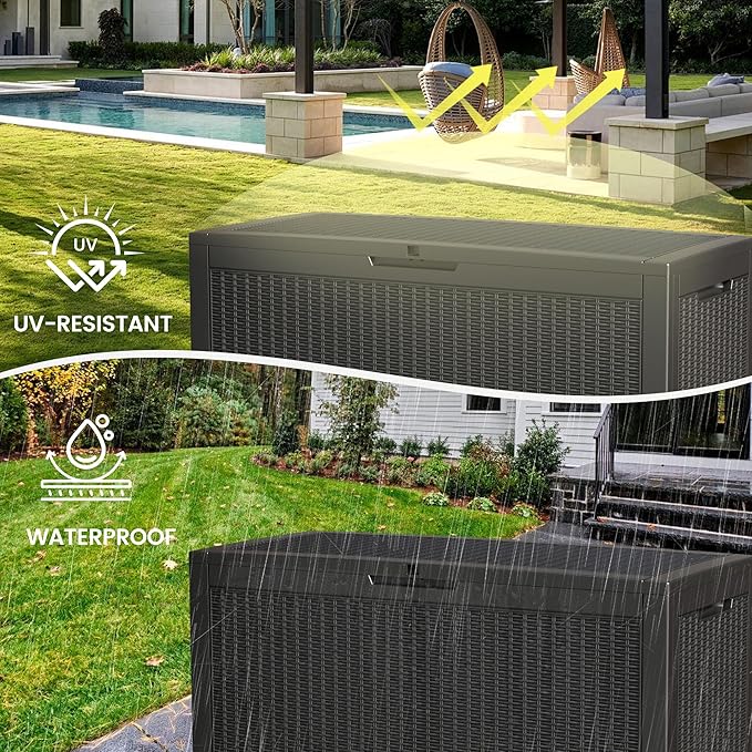 100 Gallon Storage Box, Waterproof Resin Deck Box with Hydraulic Piston Design, Lockable Storage Bench for Package Delivery, Storage Bin for Patio Cushions, Garden Tools, Black-HomvellaHome