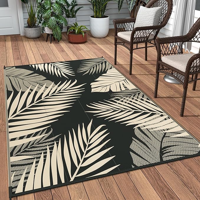GENIMO Outdoor Rug 3' x 5' Waterproof for Patios Clearance, Reversible Outdoor Plastic Straw Camping Rug Carpet, Large Area Rugs Mats for RV, Camper, Deck, Balcony, Porch, Beach, Picnic, Black&Beige-HomvellaHome