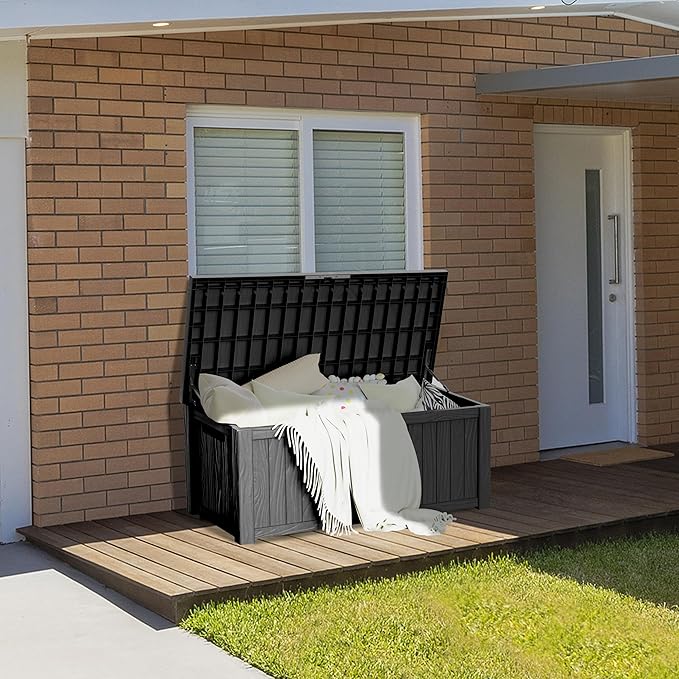 150 Gallon Lockable Resin Deck Box, Waterproof & UV-Resistant Outdoor Storage Box for Outdoor Cushion Storage, Garden Tools & Pool Accessories Storage, Black-HomvellaHome