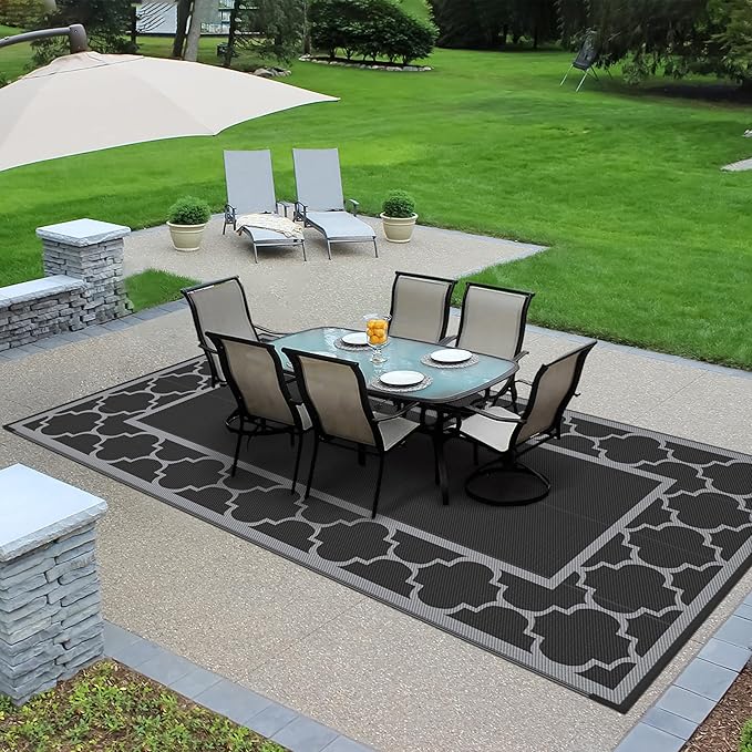 GENIMO 9' x 18' Outdoor Rug Waterproof for Patio, Foldable Reversible Plastic Straw Area Rugs Mat for Rv Decor, Outside Carpet for Camper, Deck, Picnic, Beach, Balcony, Porch, Black & Grey-HomvellaHome
