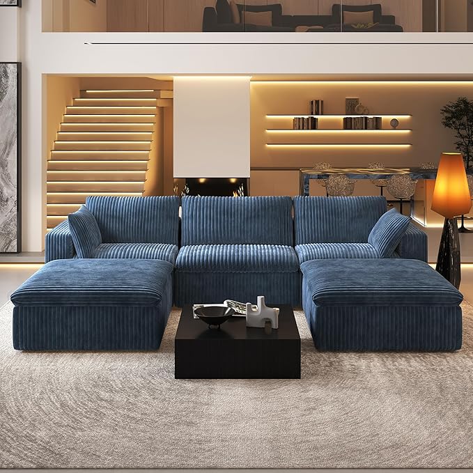 118" U Shaped Modern Sofa Modular Sectional Cloud Couch with 2 Ottoman,Upholstered Couches with Plush Corduroy Fabric for Living Room Furniture,Bedroom and Apartment,No Assembly Required,Blue-HomvellaHome