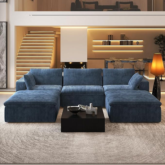 118" U Shaped Modern Sofa Modular Sectional Cloud Couch with 2 Ottoman,Upholstered Couches with Plush Corduroy Fabric for Living Room Furniture,Bedroom and Apartment,No Assembly Required,Blue-HomvellaHome