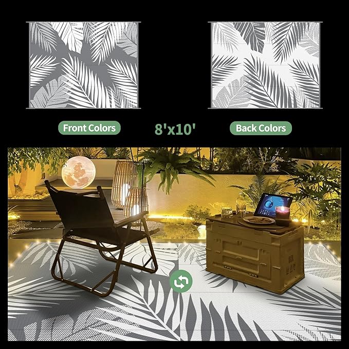 GENIMO Outdoor Rug 8' x 10' Waterproof for Patios Clearance, Reversible Outdoor Plastic Straw Camping Rug Carpet with LED String Light, Area Rugs Mats for RV, Camper, Deck, Balcony, Porch, Grey&White-HomvellaHome