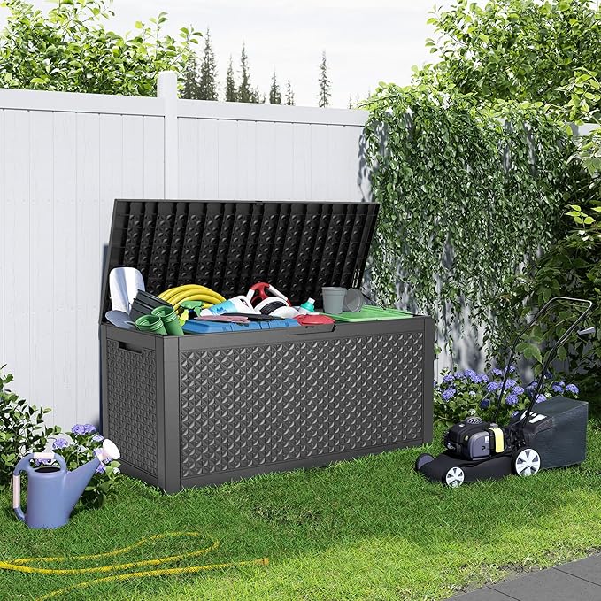 100 Gallon Resin Deck Box, Lockable Patio Outdoor Storage Box for Furniture, Garden Tools and Tools Storage, Waterproof Outside Storage Boxes - Patterned black-HomvellaHome
