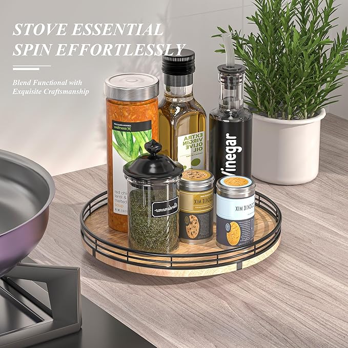 10" Lazy Susan Oak Wood Turntable Organizer for Cabinet, Round Wooden Farmhouse Lazy Susan Organization and Storage for Dining Table, Pantry, Kitchen, Countertop, Cupboard,Home Decor-HomvellaHome