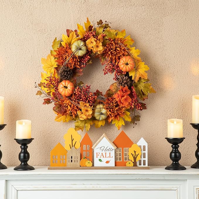 Glitzhome 24 inch Artificial Fall Wreath Decor, Autumn Maple Leaf Wreath for Front Door with Dahlia Pumpkin, Leaf and Berry Wreaths for Autumn Harvest Thanksgiving Halloween Decor-HomvellaHome
