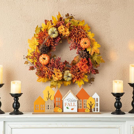 Glitzhome 24 inch Artificial Fall Wreath Decor, Autumn Maple Leaf Wreath for Front Door with Dahlia Pumpkin, Leaf and Berry Wreaths for Autumn Harvest Thanksgiving Halloween Decor-HomvellaHome