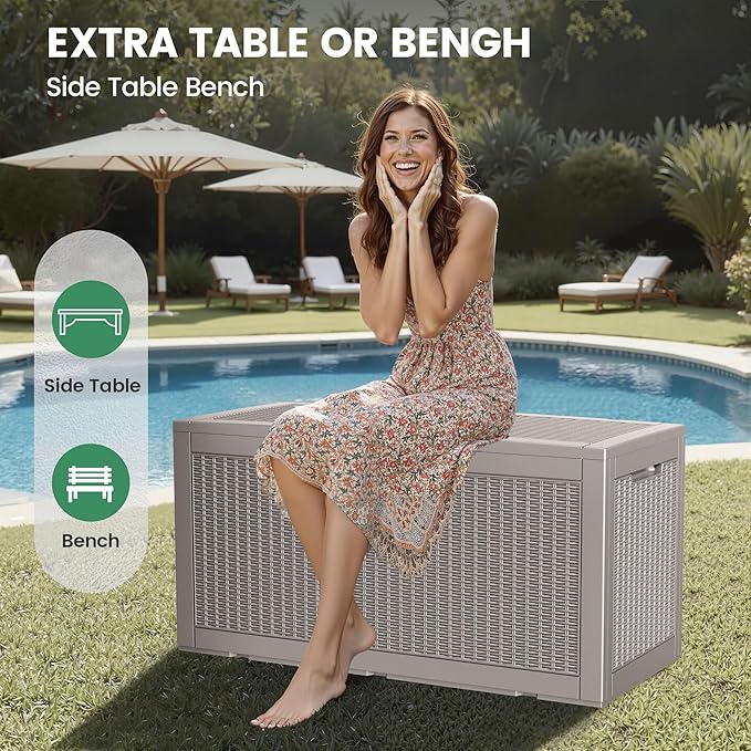 100 Gallon Storage Box, Waterproof Resin Deck Box with Hydraulic Piston Design, Lockable Storage Bench for Package Delivery, Storage Bin for Patio Cushions, Garden Tools, Grey-HomvellaHome