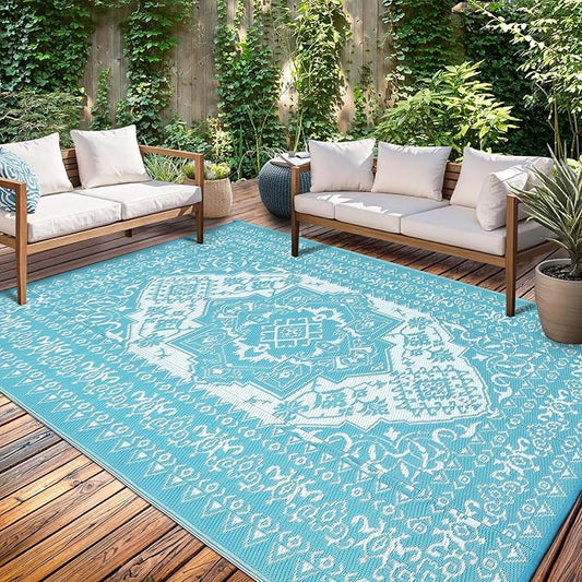 GAOMON Outdoor Rugs 8x10 Waterproof Reversible Outdoor Plastic Straw Rug, Large Patio Rugs UV-Resistant Portable RV Camping Mats, Vintage Boho Carpet for Deck Porch Garden, Light Blue & White-HomvellaHome