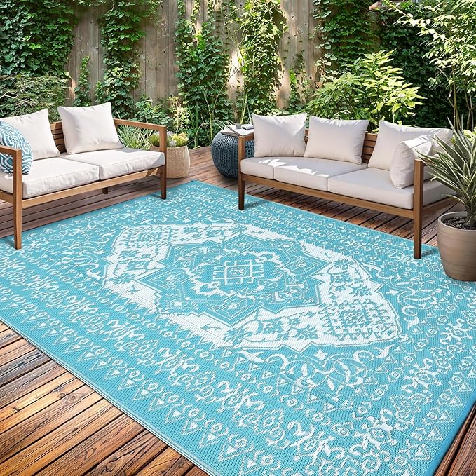 GAOMON Outdoor Rug Waterproof 9x12 Patio Rugs Reversible Plastic Straw Rug, Large UV-Resistant Portable RV Camping Mats, Indoor Outdoor Medallion Carpet for Deck Porch Garden, Light Blue & White-HomvellaHome