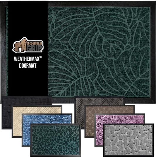 GORILLA GRIP 100% Waterproof All-Season WeatherMax Doormat, 34x58, US Designed Natural Rubber, Stain and Fade Resistant, Low Profile Indoor Outdoor Door Mats, Easy Clean Patio Mat, Green Palm-HomvellaHome