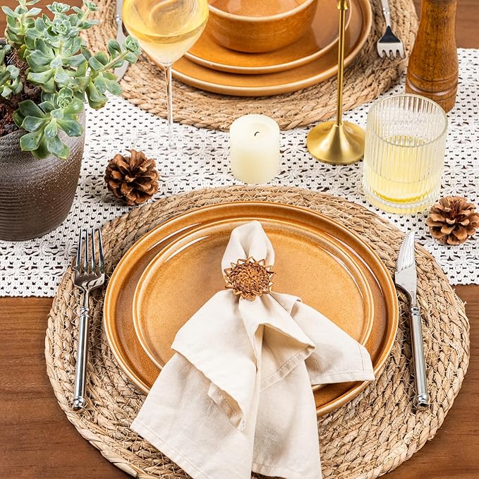 GBHOME Ceramic Dinnerware Sets for 4, 12 Pieces Stoneware Plates and Bowls Sets, Scratch Resistant Dishes, Dishwasher & Microwave Safe, Reactive Glaze-Amber-HomvellaHome