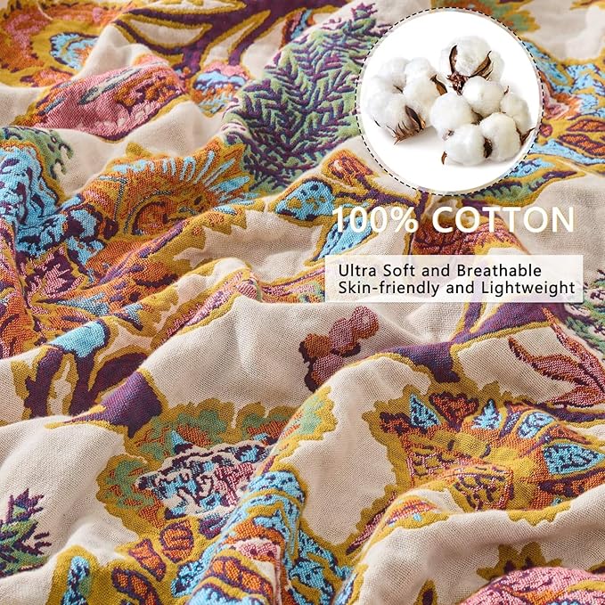 100% Cotton Summer Boho Throw Blanket, King Size Living Room Reversible Blanket, Boho Floral Bird Colorful Retro Quilt Ultra Soft Reversible Gauze Blanket for All Season, 90"x98"-HomvellaHome