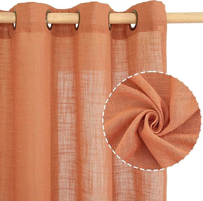 LAMIT Burnt Orange Linen Curtains 95 Inch Length 2 Panels, Linen Textured Light Filtering Drapes for Living Room/Bedroom Country Semi Sheer Window Treatments with Bronze Grommet, 52 x 95 Inch-HomvellaHome