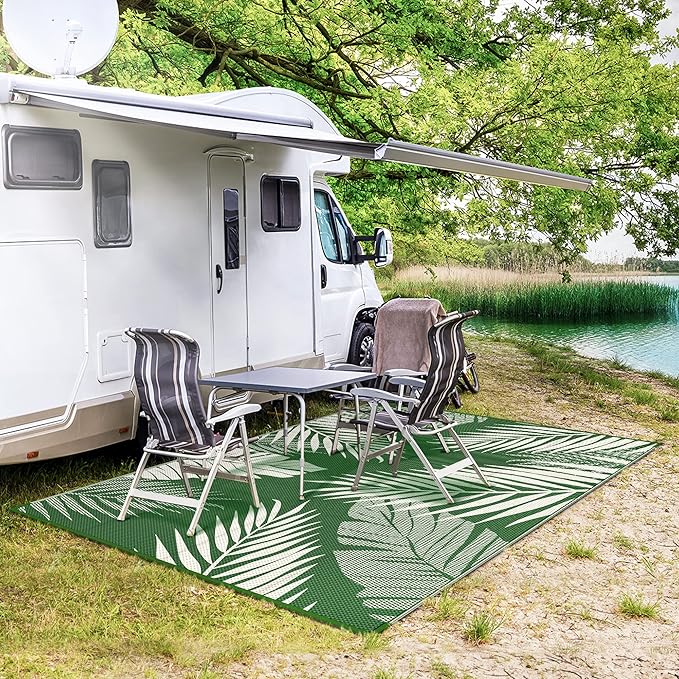 GENIMO Outdoor Rug 8' x 10' Waterproof for Patios Clearance, Reversible Outdoor Plastic Straw Camping Rug Carpet, Large Area Rugs Mats for RV, Picnic, Backyard, Deck, Balcony, Porch, Dark Green&White-HomvellaHome