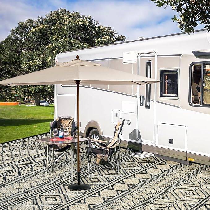 GAOMON Outdoor Rug Waterproof 8'x10', Reversible Outdoor Plastic Straw Rug, Boho Patio Rug, Indoor Outdoor Carpet, RV Mat Outside for Patio, Camp, Picnic, Balcony, Deck, Black/Coffee(Bohemia)-HomvellaHome