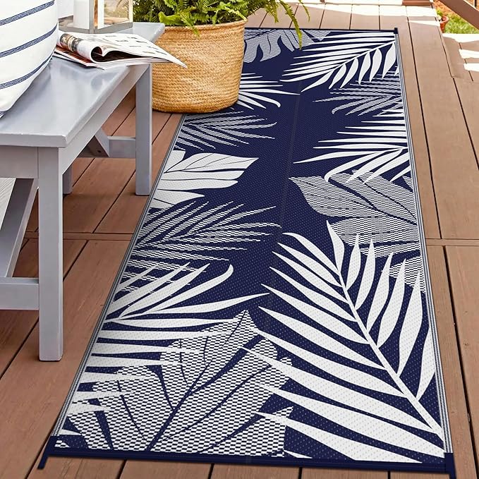 GENIMO Outdoor Rug 2.5' x 8' Waterproof for Patios Clearance, Reversible Outdoor Plastic Straw Camping Rug Carpet, Large Area Rugs Mats for RV, Camper, Deck, Balcony, Porch, Beach, Navy Blue&White-HomvellaHome